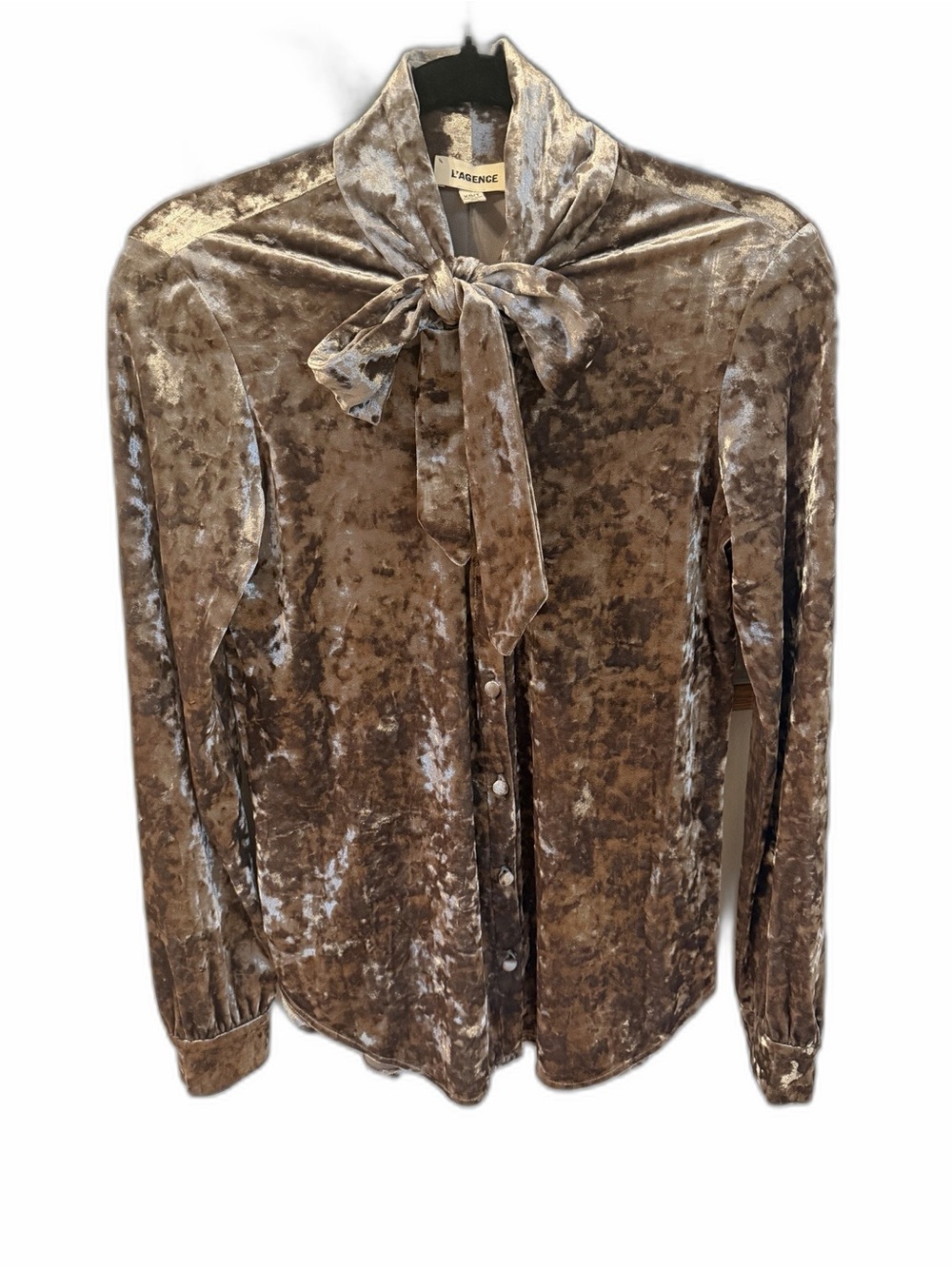 L'Agence Crushed Velvet Tie Neck Blouse Taupe Brown Button Front XS